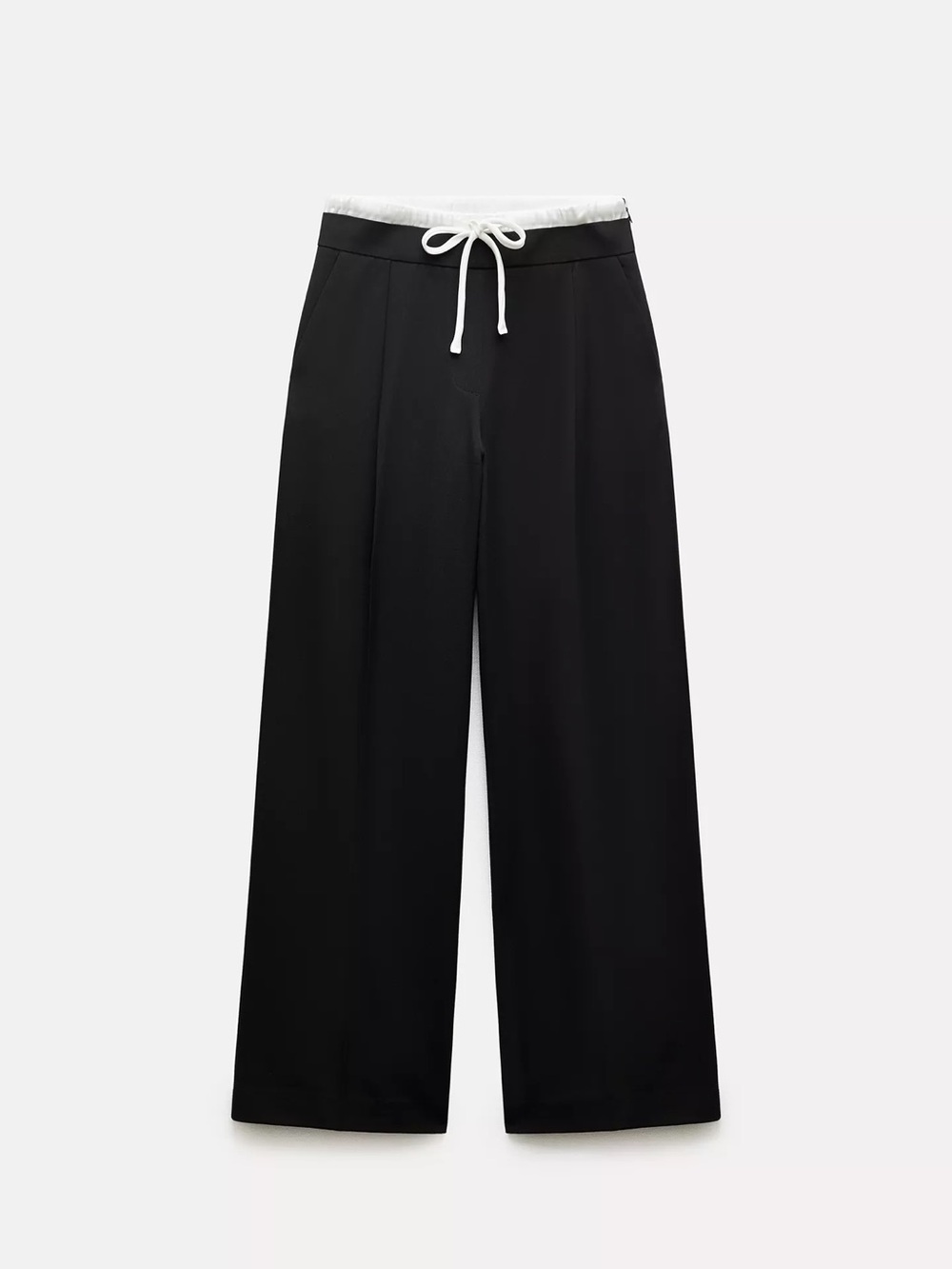 Zara Black Wide-Leg Drawstring Pants with White Waistband